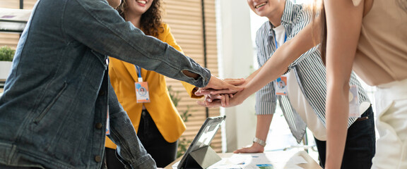 Panoramic Teamwork,partnership and Social connection in business join hand together concept.Hand of...