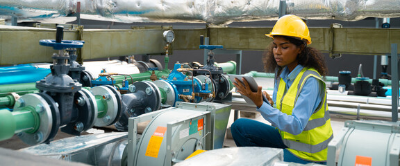attractive young african woman smiling and working engineering in industry.Portrait of young female...