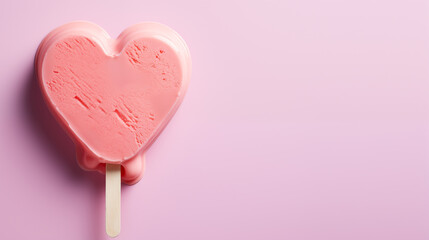 Strawberry ice lolly in the shape of a heart isolated on a pink background with copy space