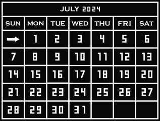 2024 july calendar template. Flat graphics of single page of wall Calendar concept isolated on black background. Week starts from monday. EPS 10.