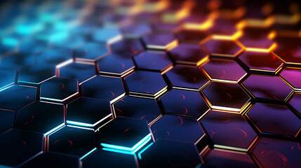 3D graphic feature a tessellation of hexagons in a futuristic honeycomb pattern, enhanced with advanced elements like neon lines or energy pulses.
