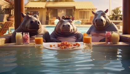 hippopotamus friends sitting at table in pool - obrazy, fototapety, plakaty