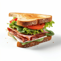 sandwich with ham and vegetables on white background