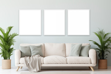 Mock up for posters or photo in bright scandinavian interior. Living room room during the day with bright pastel colors furniture. Sofa chairs and home plants. Empty frames on the wall.