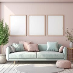 Mock up for posters or photo in bright scandinavian interior. Living room room during the day with bright pastel colors furniture. Sofa chairs and home plants. Empty frames on the wall.