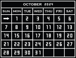 2024 october calendar template. Flat graphics of single page of wall Calendar concept isolated on black background. Week starts from  monday. EPS 10.