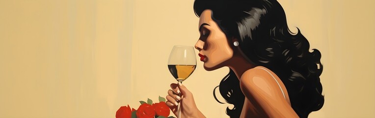 Vintage Rock Pin up Girl with Black curly hair and red lipstick wearing a dress, drinking a glass of champagne sexy alluring beautiful, classy digital illustration yellow background - obrazy, fototapety, plakaty