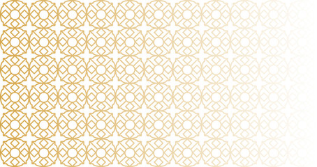 Backdrop with a stunning golden gradient and geometric Arabic style pattern. Horizontal banner for lavish design and luxurious themes.