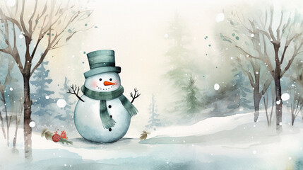 snowman in the snow on a winter watercolor painted background 