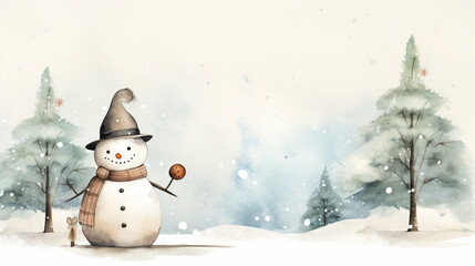 snowman in the snow on a winter watercolor painted background 