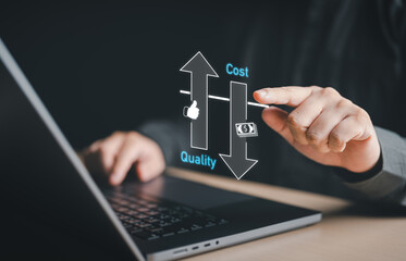 Quality control, Businessman adjusting level of quality with up arrow to balance cost with down arrow for business strategy management. Control cost budget and improve quality of product and service. - obrazy, fototapety, plakaty