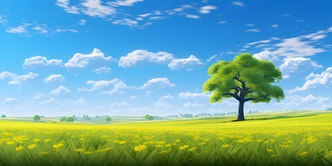 Panoramic Landscape with Solitary Oak Trees in Spring Fields of Grass and Rapeseed under Blue Sky - obrazy, fototapety, plakaty