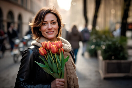happy young woman with a bouquet of tulip flowers walks along a city street.