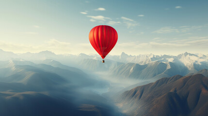 Red Hot Air Balloon Flying over a Mountain Beautiful Landscape Background. Ideal for Valentine's Day, Mother's Day, Gift Card, Invitation Card, Celebration, Banner, Poster Design - obrazy, fototapety, plakaty