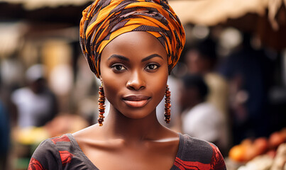 Elegant African woman with a colorful headscarf and earnest expression, showcasing cultural beauty and identity in a bustling market backdrop