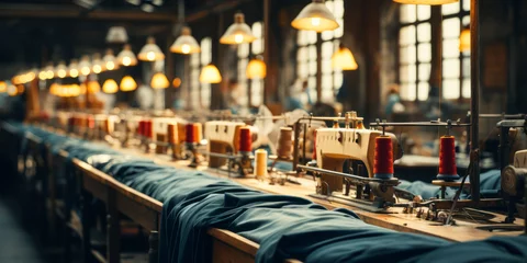 Fotobehang Vintage garment factory interior with rows of industrial sewing machines, colorful thread spools, and denim fabric under warm lighting © Bartek