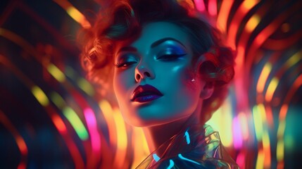 A stunning depiction of a female face, overlaid with neon lighting and art deco aesthetics, capturing the spirit of colorful studio creativity and makeup art. - obrazy, fototapety, plakaty