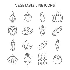 Vegetable line icon set. Salad ingredient symbol. Vector collection with onion, pepper, pumpkin, potatoes, cabbage, carrots, tomatoes, corn. - 692070391