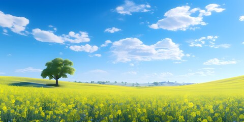 Panoramic Landscape with Solitary Oak Trees in Spring Fields of Grass and Rapeseed under Blue Sky