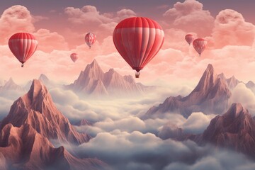 A hot air balloon is flying over foggy and cloudy mountains high in air. Generative Ai.