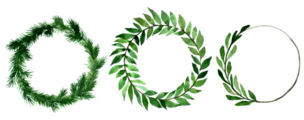 Foto op Plexiglas watercolor drawing, set of Christmas wreaths. New Year's festive wreaths, round frames of green leaves and christmas tree branches. christmas clip-art for greeting © Татьяна Гончарук
