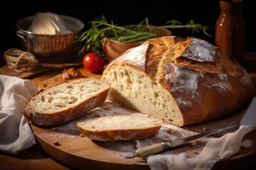 An inviting image of a crusty French bread loaf, freshly baked and sliced, on a vintage wooden table setting
