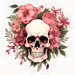 skull and bones, halloween and day of the dead, Skeleton in a wreath of colored flowers in a watercolor style, Skull flower double exposure watercolor skeleton head