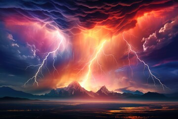 Fototapeta na wymiar Landscape storm view on lightning bolts, bad weather forecast, climate change.. Generative ai.