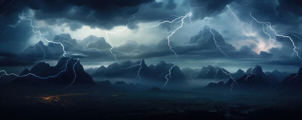 Landscape storm view on lightning bolts, bad weather, climate change, panorama. Generative ai. - obrazy, fototapety, plakaty