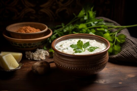A bowl of homemade Qatiq, garnished with fresh herbs, presented on an old wooden table