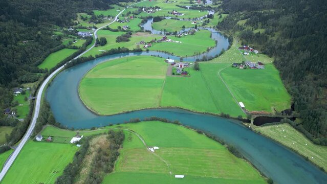 Aerial view of Stryn, Norway.This aerial footage was captured in September 2023 in Stryn, Norway. The river is called Stryneelva.