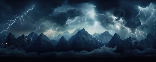 Landscape storm view on lightning bolts, bad weather, climate change, panorama. Generative ai. - obrazy, fototapety, plakaty