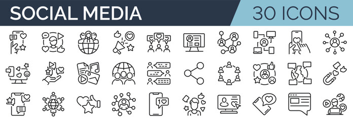 Set of 30 outline icons related to social media, social networks. Linear icon collection. Editable stroke. Vector illustration - obrazy, fototapety, plakaty