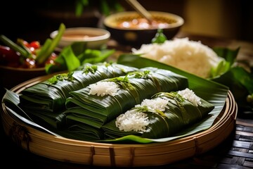 A homemade Banh tet, a Vietnamese delicacy prepared for the Tet holiday, wrapped in banana leaves symbolizing respect for nature - obrazy, fototapety, plakaty