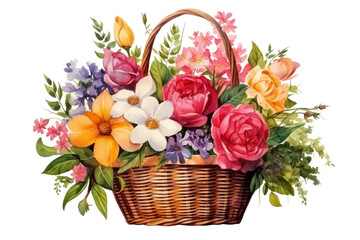 Fototapeta na wymiar Watercolor of bouquet colorful spring flowers in wicker basket isolated on transparent png background, bouquets greeting or wedding card decoration, beautiful flowers inside buckets concept.