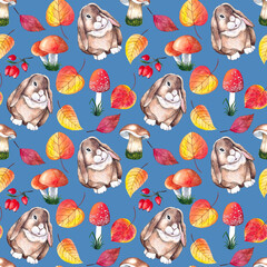 Autumn seamless pattern. Cute background. Watercolor illustration with autumn leaves, mushrooms, berries and a hare.