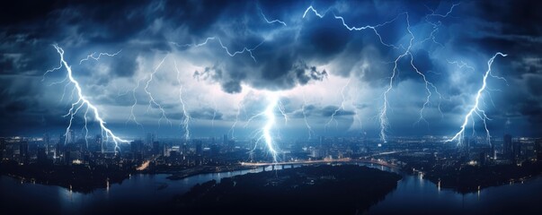 Landscape storm view on lightning bolts, bad weather, climate change, panorama. Generative ai.