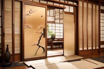 A traditional Japanese sliding door, or "fusuma," showcasing the delicate beauty of Eastern design and craftsmanship.