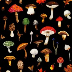 Hand drawn seamless watercolor mushroom set pattern. Isolated on dark