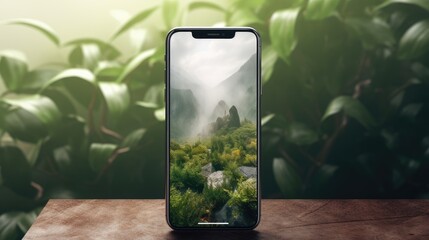 A phone on a pedestal stand surrounded by plants. 