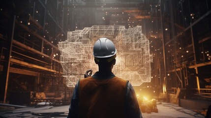 The outline of a construction worker, helmet, and plans in hand, fused with a strikingly surreal construction site in an urban environment.