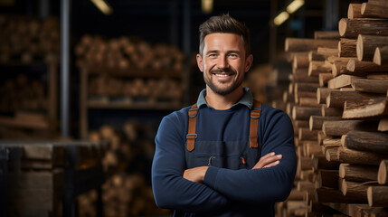 portrait of a happy and smiling carpenter man in uniform crossing his arms, in the background several wooden boards