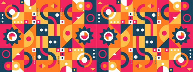 Colorful colourful abstract geometric mosaic banner design with simple shapes. Vector flat mosaic horizontal banners template