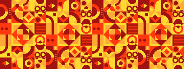 Yellow red and orange vector flat mosaic banners with shapes. Vector flat mosaic horizontal banners template