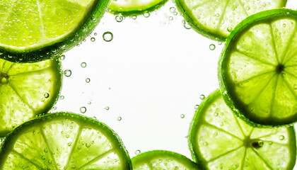 Fresh Thin Lime Slices in Soda Bubbles Background Macro Shot