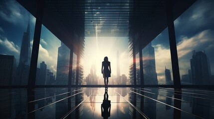 The silhouette of an elegant Asian businesswoman seamlessly blended with the towering structure of a contemporary skyscraper, depicting urban success. - obrazy, fototapety, plakaty