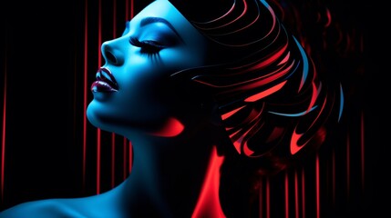 The silhouette of a woman's face, illuminated by neon and art deco designs, showcasing a stylish interplay of studio lighting and creative makeup.