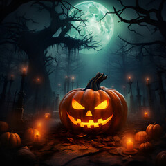 Pumpkins on the cemetery made, halloween background with a moon and with a pumpkin, Halloween with pumpkin ghosts and a haunted house with a moon background, very scary, Halloween pumpkin head jack la