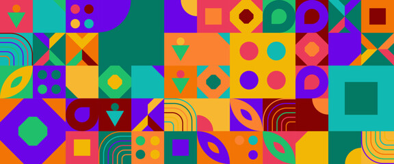Fototapeta na wymiar Geometric minimal pattern mosaic. Simple colorful circle shapes, modern bauhaus banner vector design. Vector flat mosaic horizontal banners template