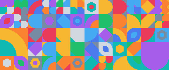 Colorful colourful modern vector abstract geometric background with circles, rectangles and squares simple shapes graphic pattern. Vector flat mosaic horizontal banners template